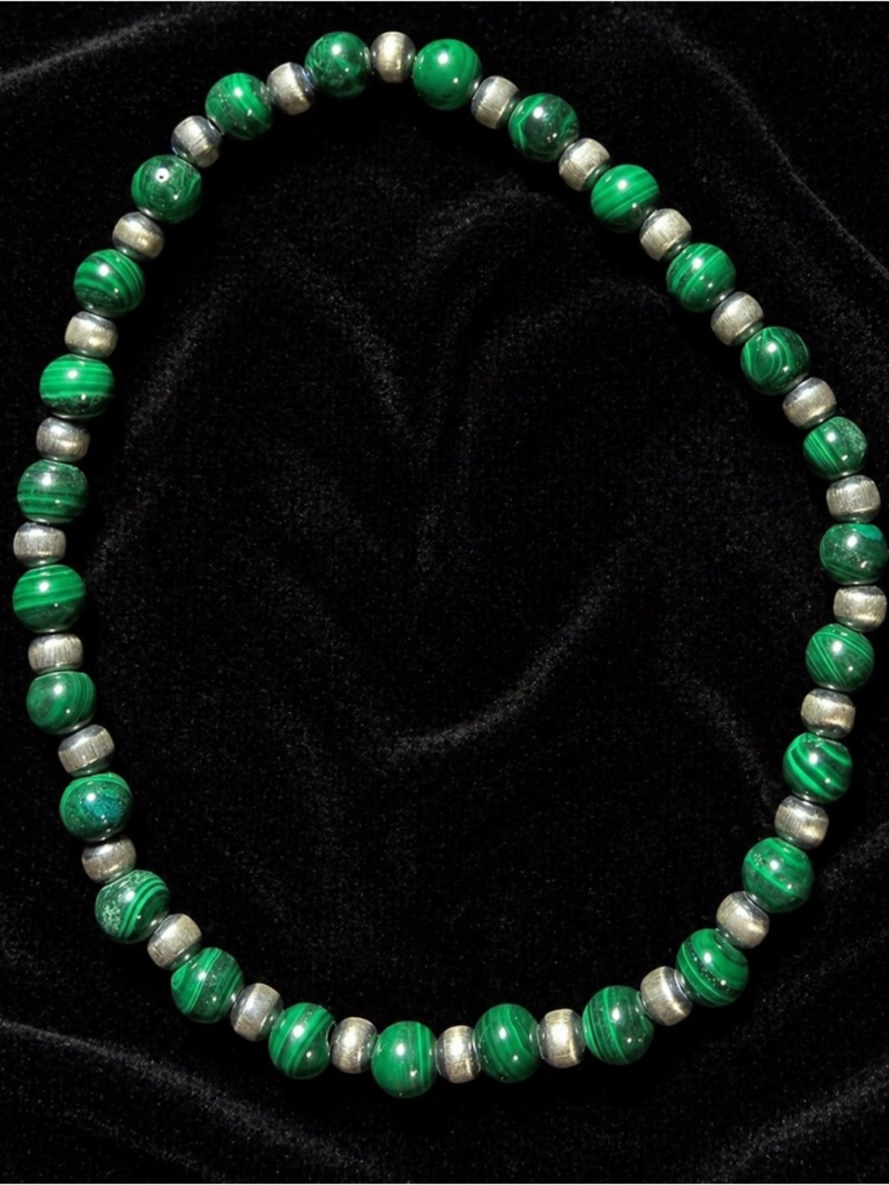 Malachite & Sterling Silver Stretch Bracelet Green Stone Beaded Stack Bracelet